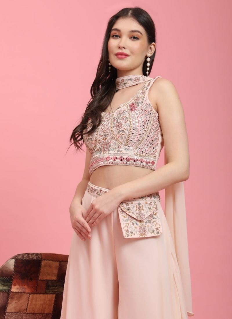 Premium georgette crop top palazzo set with heavy mirror embroidery in peach