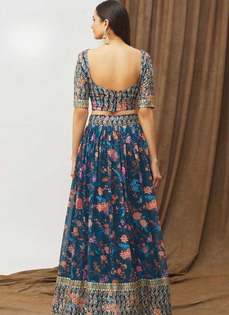 Stunning faux georgette lehanga with zari embroidery in dark blue