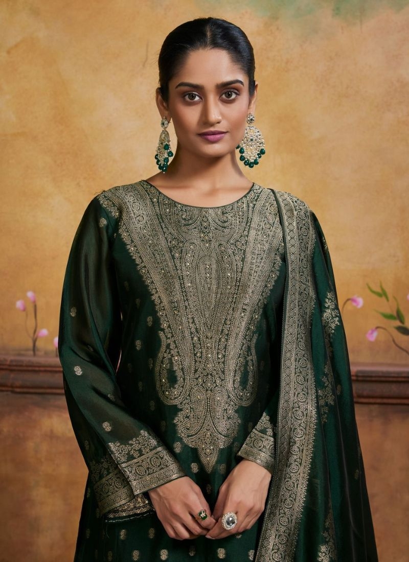 Stunning banglory silk kurta pant suit with jacquard printing dark green