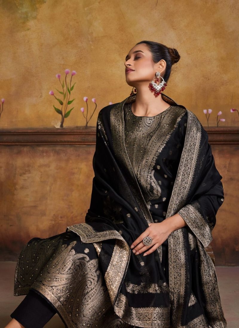 Stunning banglory silk kurta pant suit with jacquard printing black