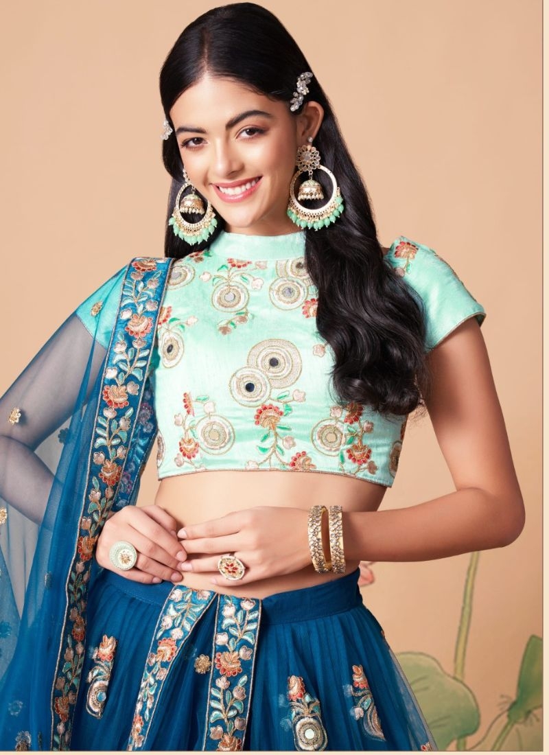 Soft net embroidered lehenga choli with mirror embroidery in light blue