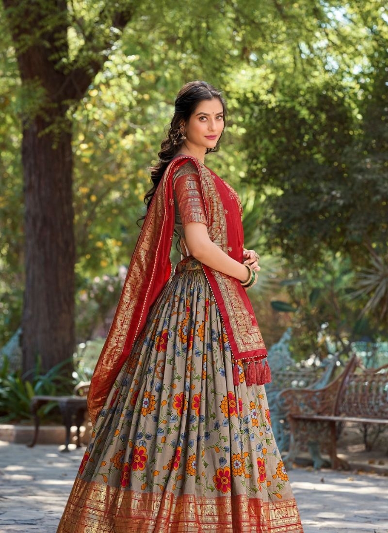 Exquisite Kalamkari Tussar Silk Lehenga Choli Set in red