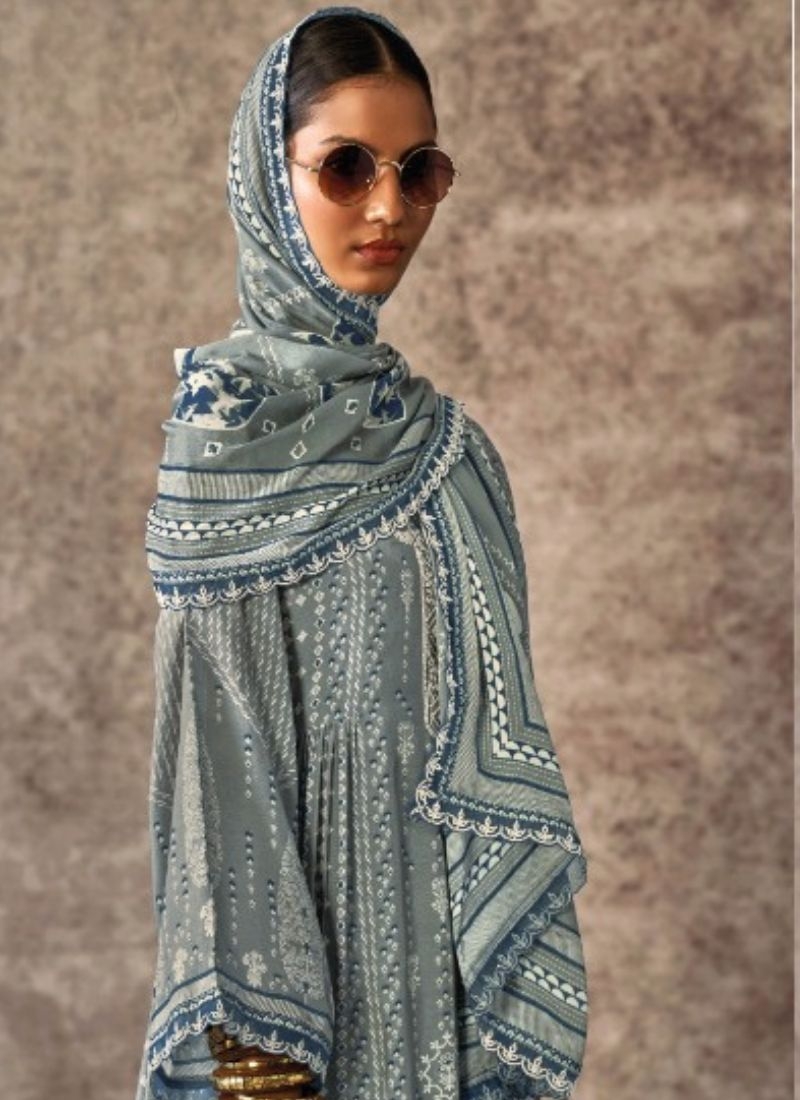 Stunning pure muslin palazzo suit with digital printing in blue