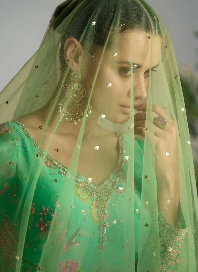 Beautiful anarkali suit with floral embroidery in light green