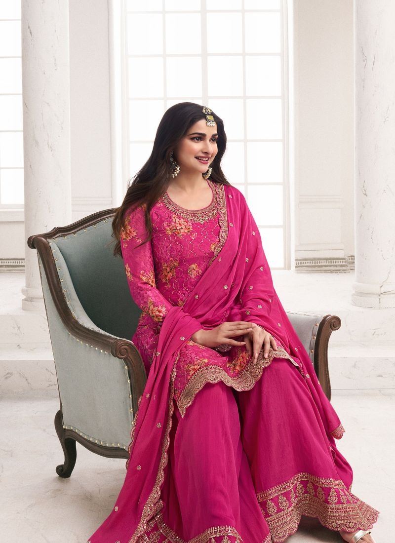 Pure chinon pant suit with embroidered dupatta in pink