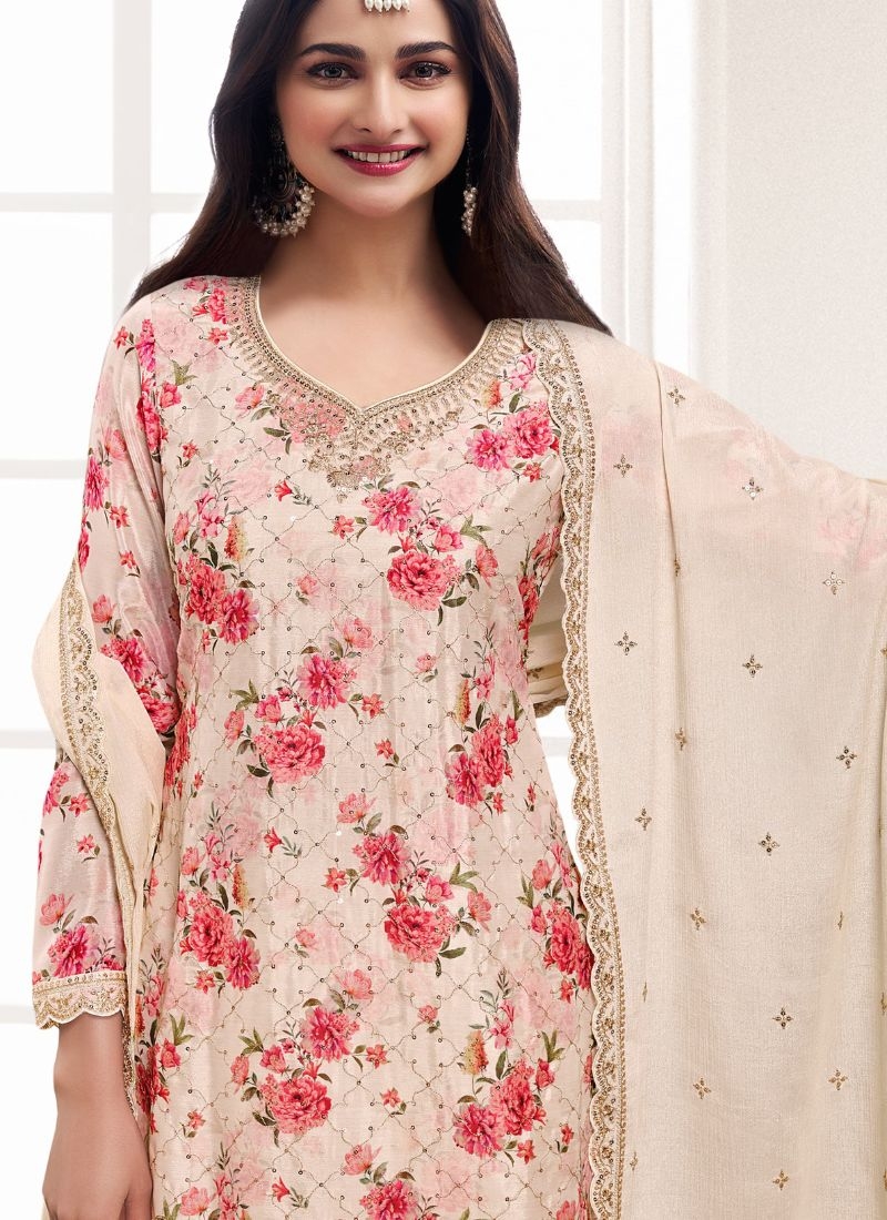 Pure chinon pant suit with embroidered dupatta in beige