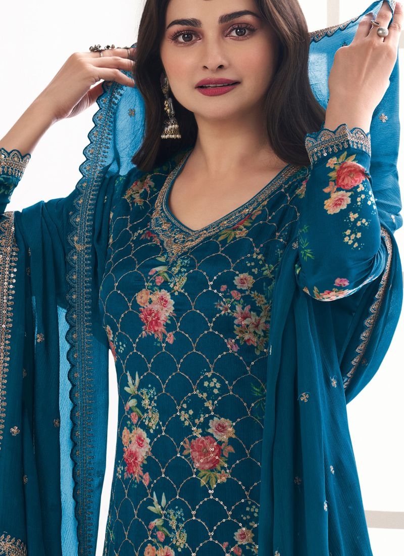 Pure chinon pant suit with embroidered dupatta in blue