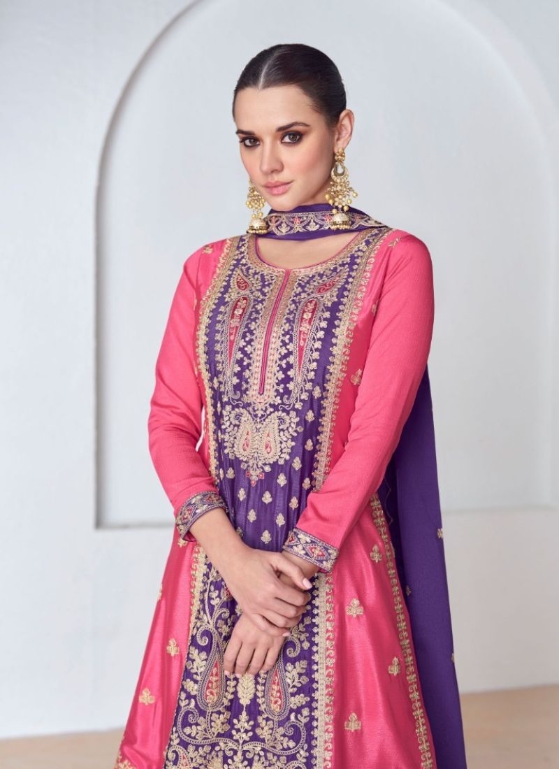 Exquisite Chinon Sharara suit with embroidered dupatta in purple