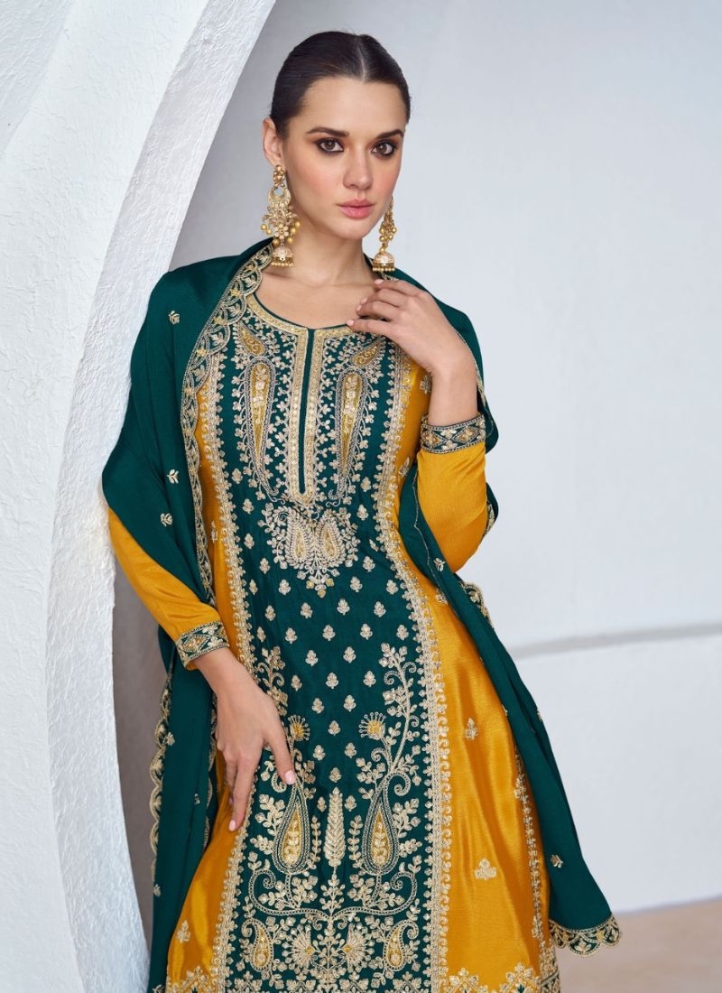 Exquisite Chinon Sharara suit with embroidered dupatta in dark green