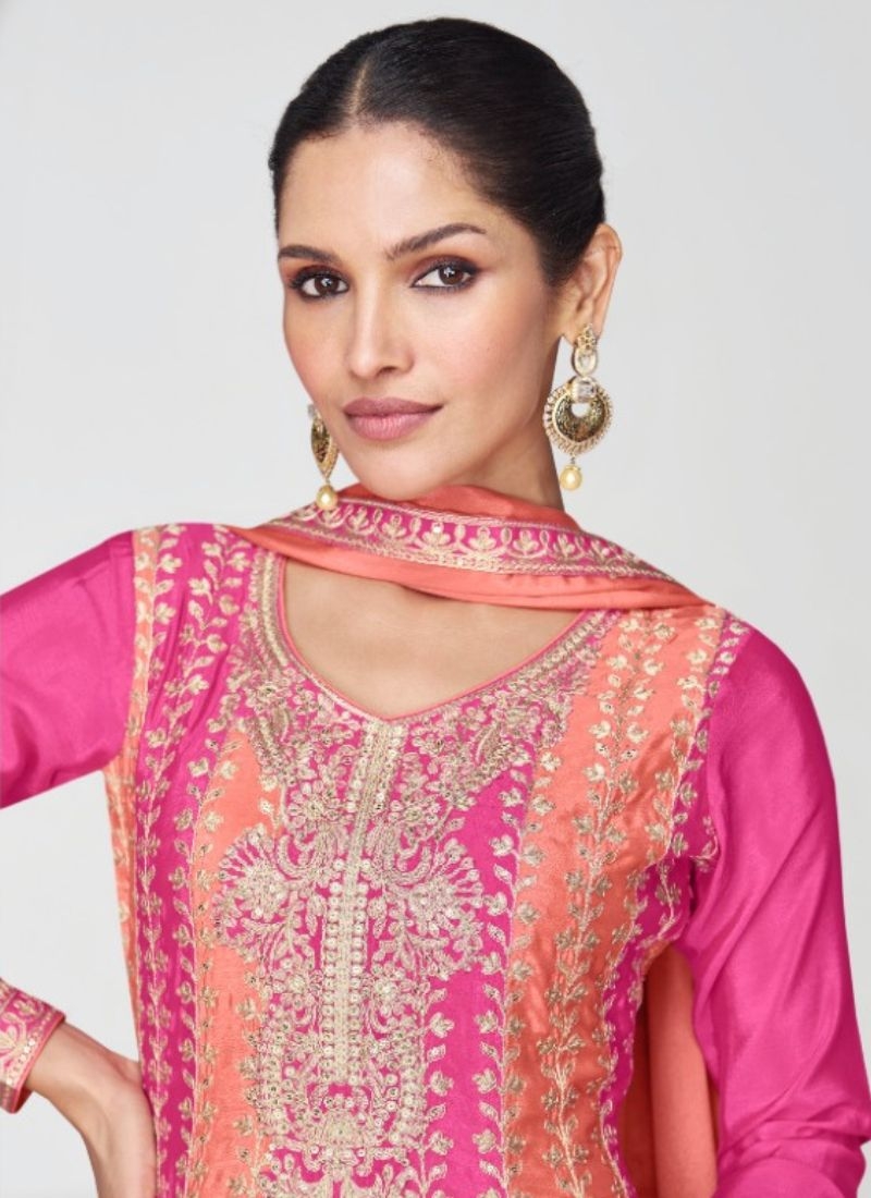 Premium Chinon sharara suit with embroidered dupatta  in pink