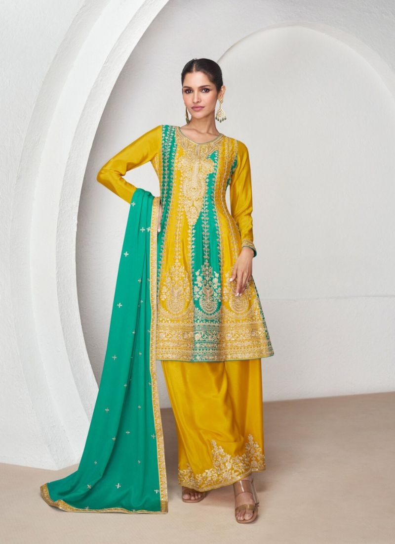 Premium Chinon sharara suit with embroidered dupatta  in yellow