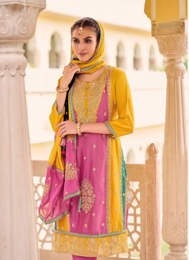 Beautiful chinon pant suit with heavy embroidery in yellow