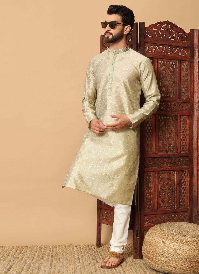 New jacquard kurta pajama suit for men in cream