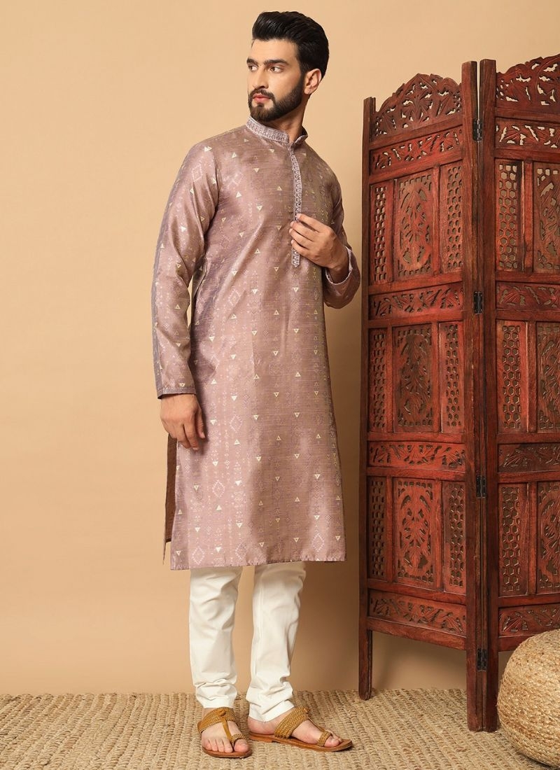 New jacquard kurta pajama suit for men in light brown