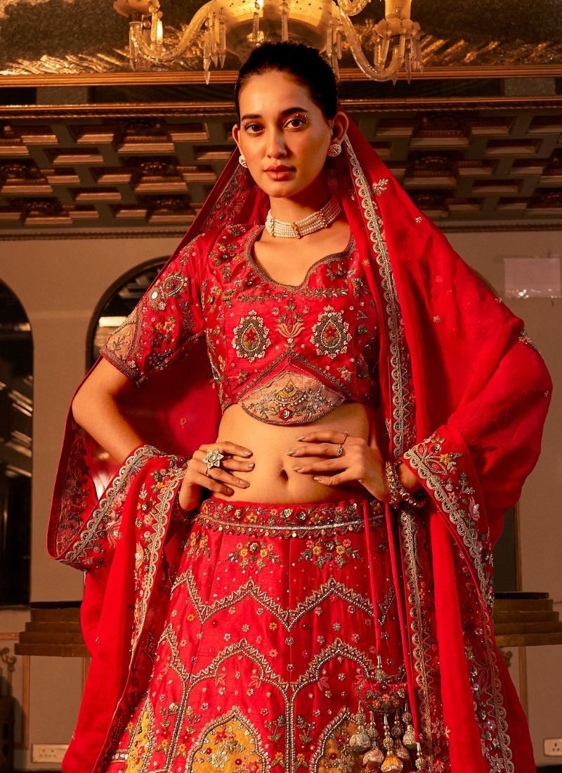 Designer lehenga with organza dupatta in red