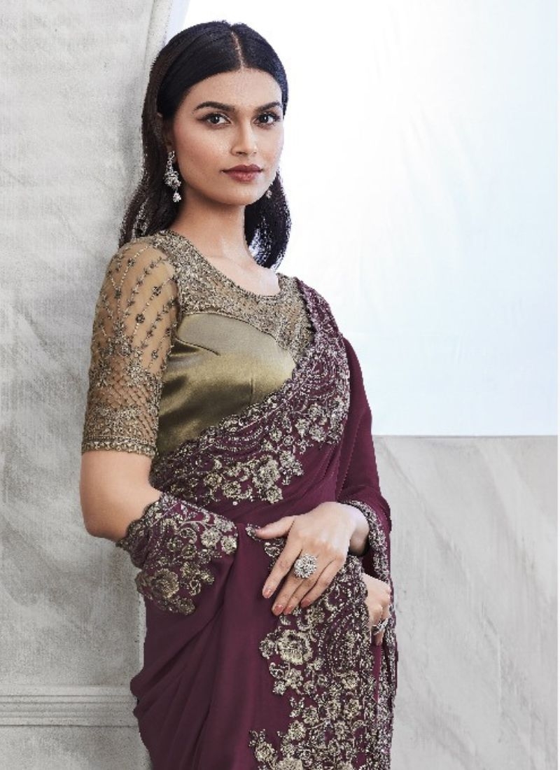 Exquisite chiffon saree with embroidered blouse in wine