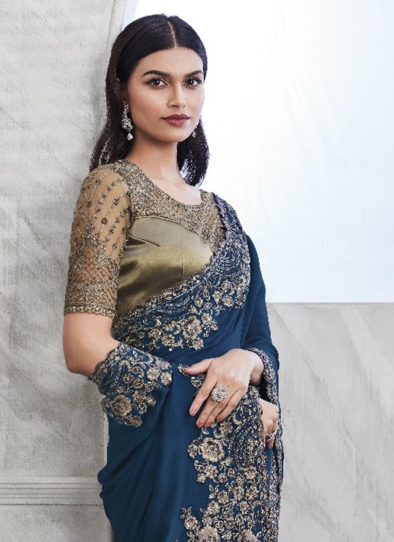 Exquisite chiffon saree with embroidered blouse in dark blue