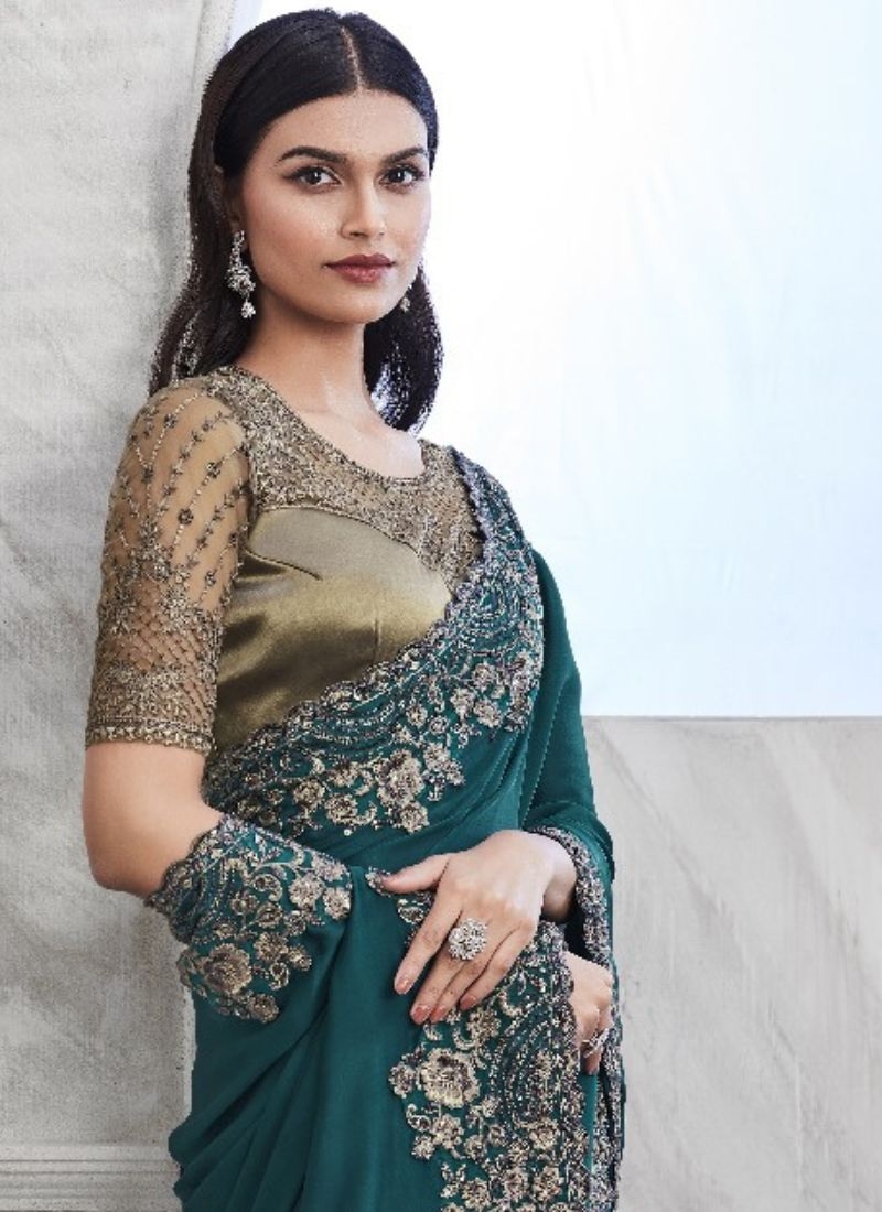 Exquisite chiffon saree with embroidered blouse in green