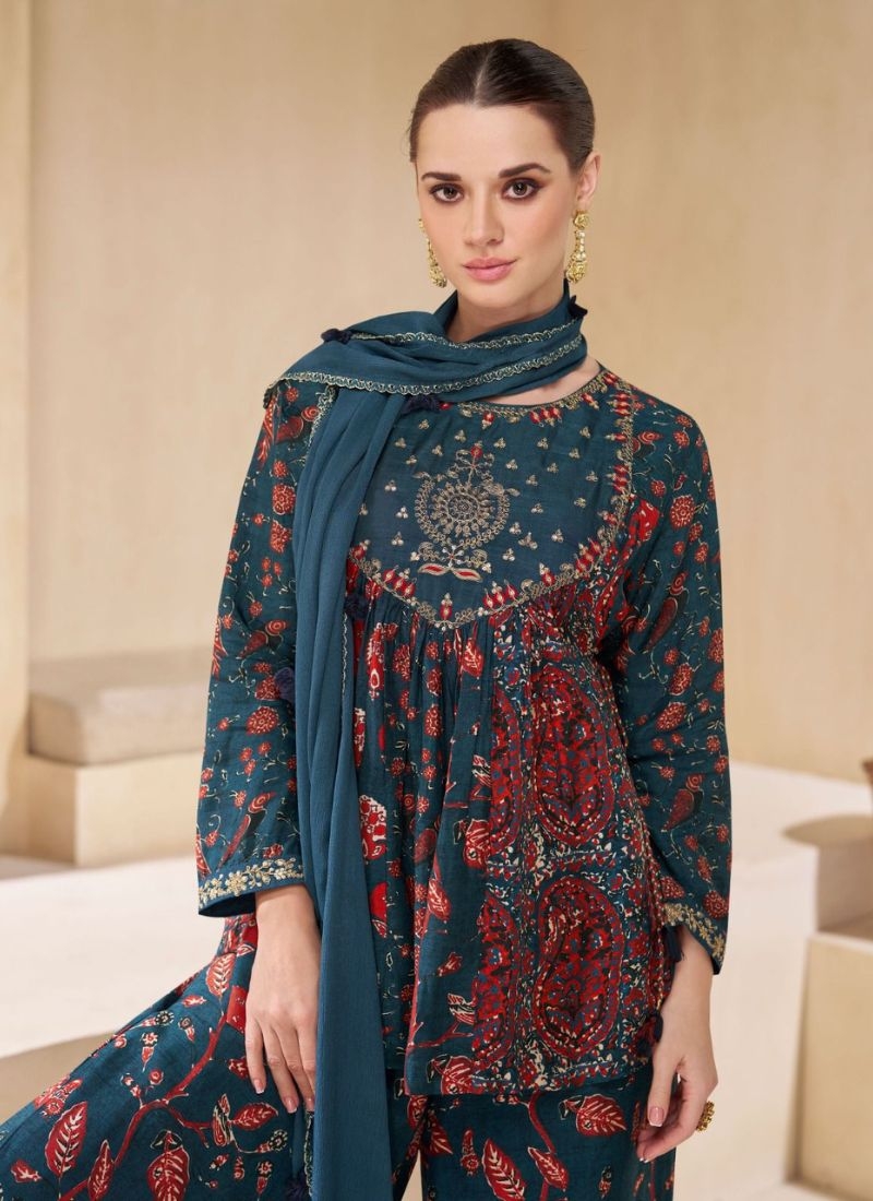 Trendy sharara set with floral printing in dark blue