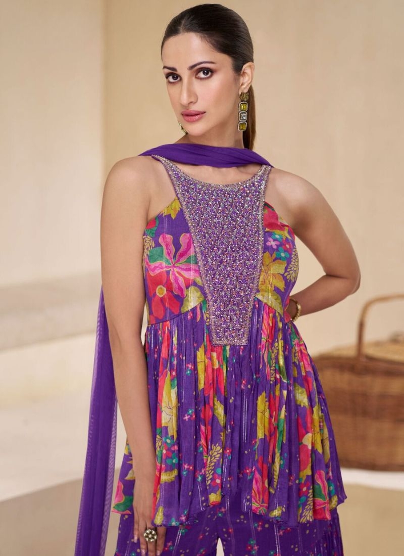 Trendy sharara set with floral printing in purple