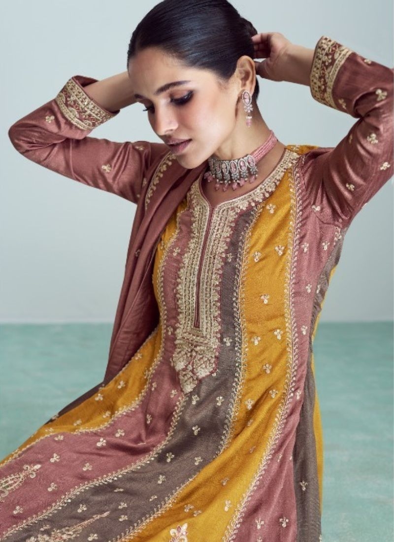 Exquisite salwar suit with embroidered dupatta in brown