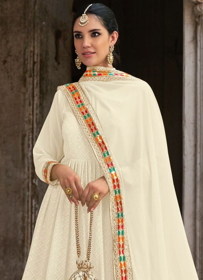 Designer georgette anarkali suit with embroidered dupatta in off white