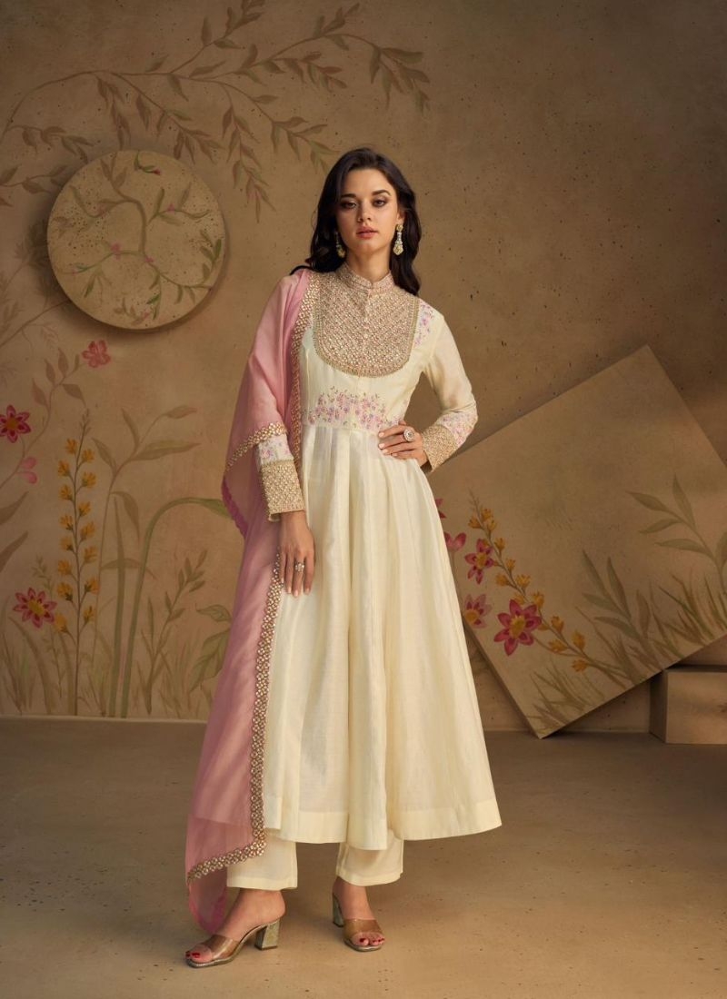 Beautiful silk pant suit with embroidered dupatta in cream