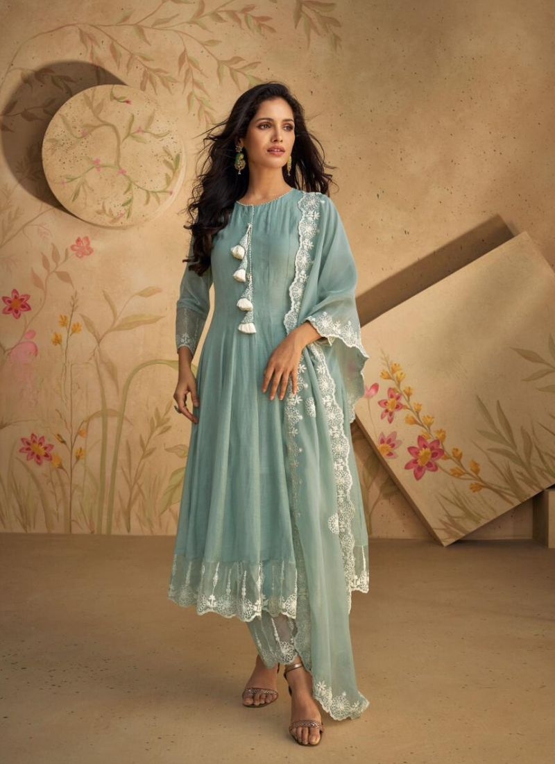 Beautiful silk pant suit with embroidered dupatta in green