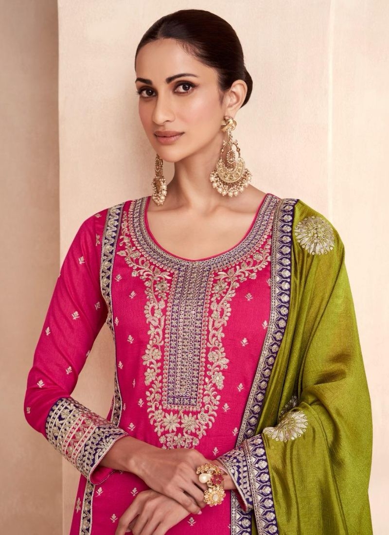 Stunning straight palazzo suit with embroidered dupatta in pink