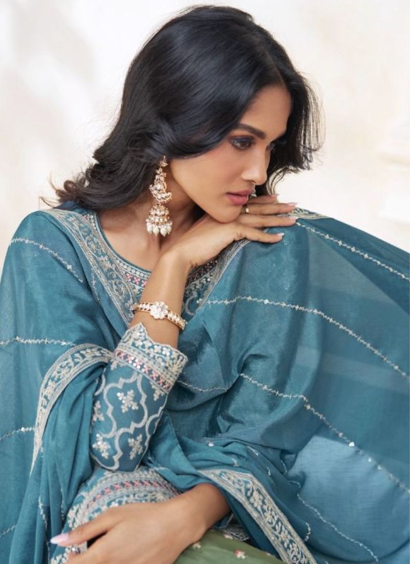 Premium chinnon silk lehenga with long embroidered kurta in blue