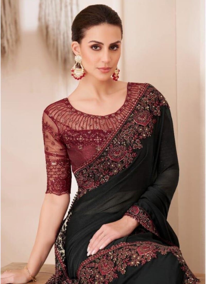 Designer silk saree with embroidered blouse in black