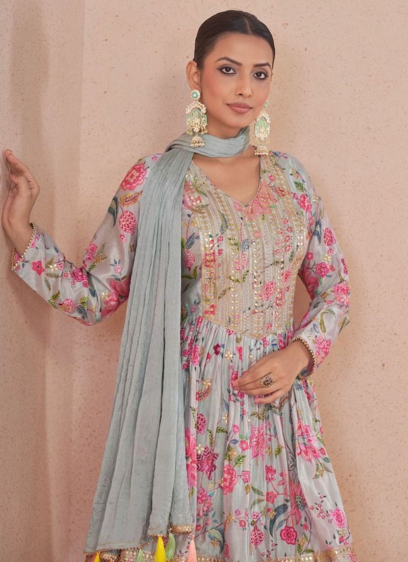 Designer sharara suit with floral printing in grey