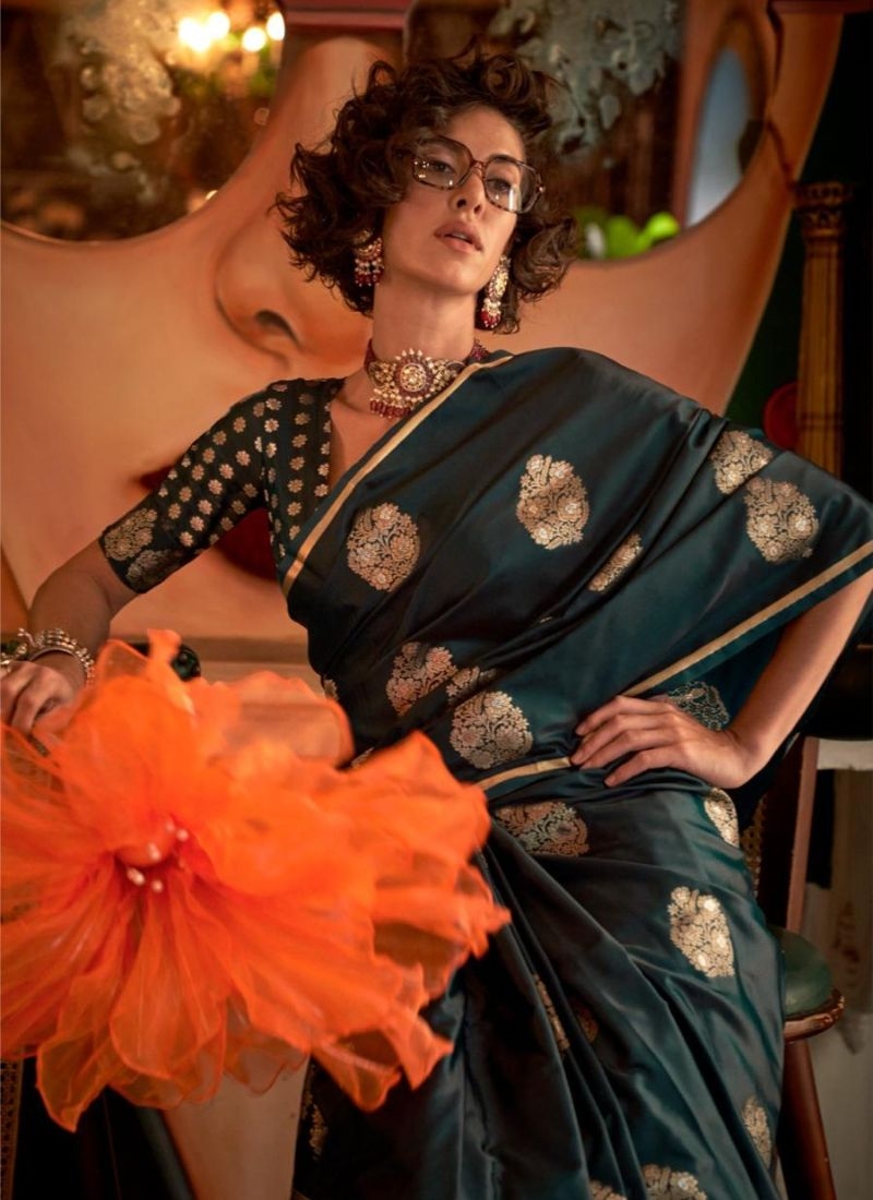 Exquisite satin silk saree with brocade blouse in dark green