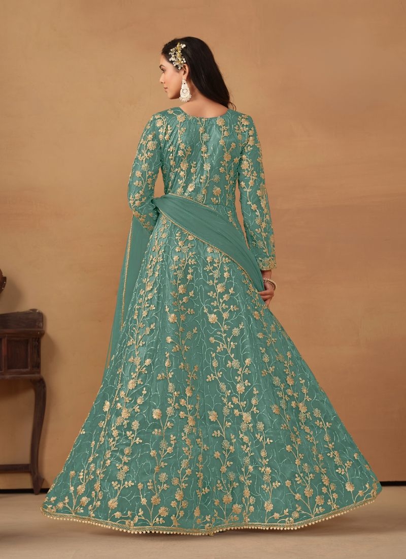 Net embroidered beautiful Anarkali suit  in green