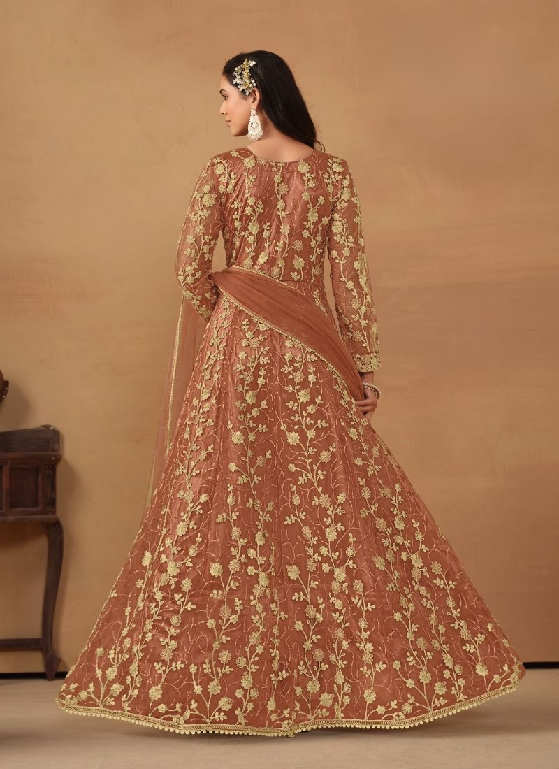 Net embroidered beautiful Anarkali suit  in brown