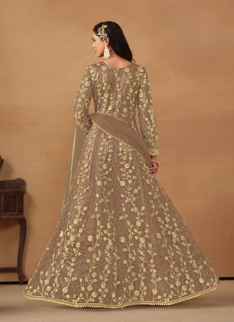 Net embroidered beautiful Anarkali suit  in beige