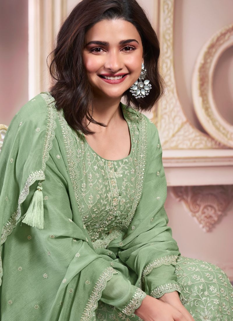 Amazing chinon pantsuit with embroidered dupatta in light green