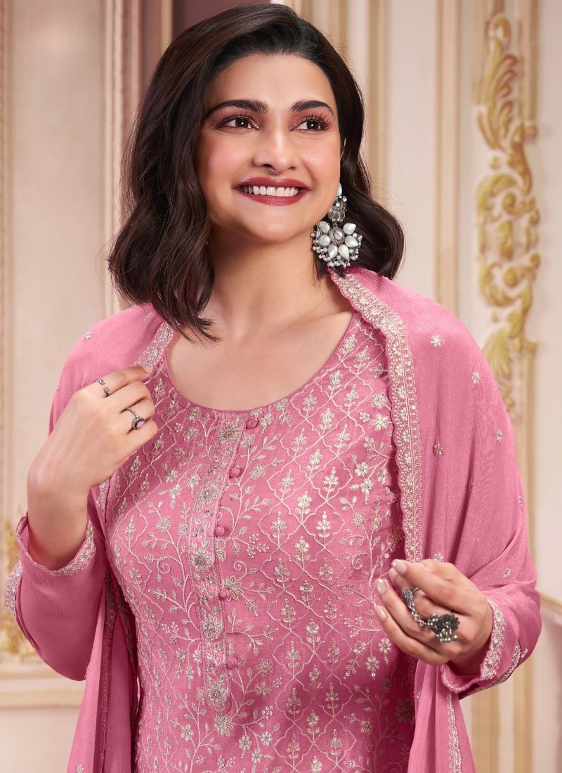 Amazing chinon pantsuit with embroidered dupatta in dark pink