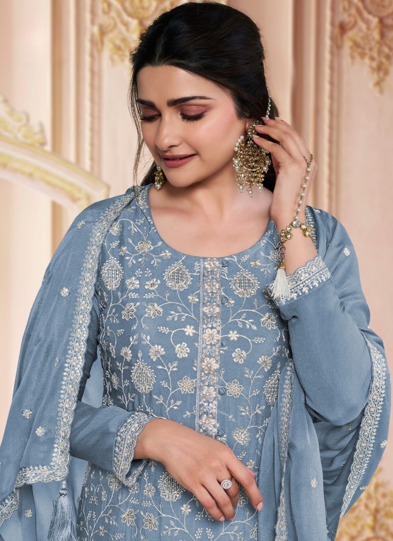 Amazing chinon pantsuit with embroidered dupatta in grey
