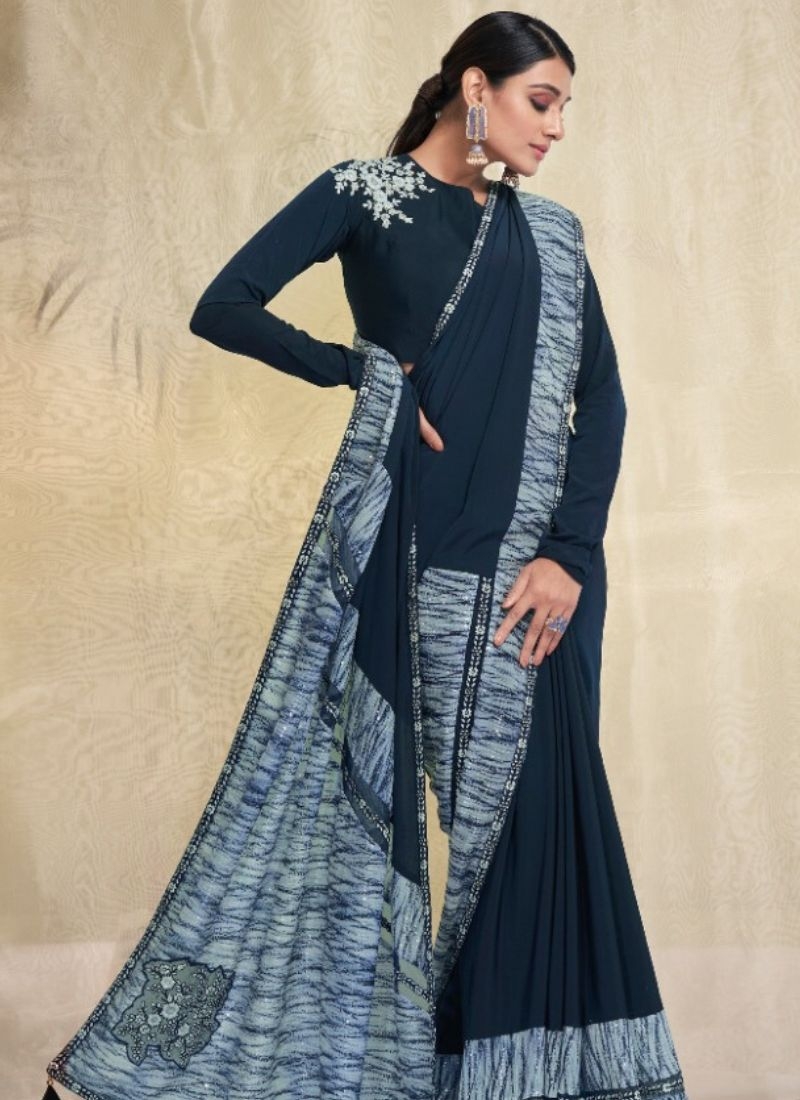 Exquisite wedding saree with embroidered blouse in dark blue
