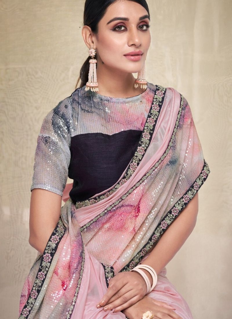 Exquisite wedding saree with embroidered blouse in light pink