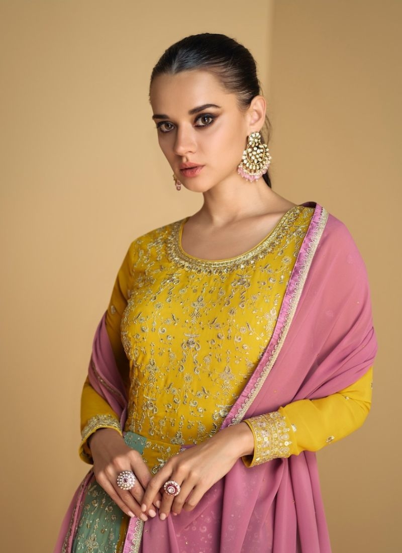 Stunning georgette anarkali suit with embroidered dupatta in yellow