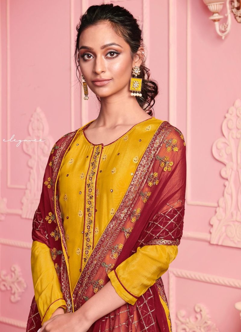 Stunning georgette pantsuit with embroidered dupatta in yellow
