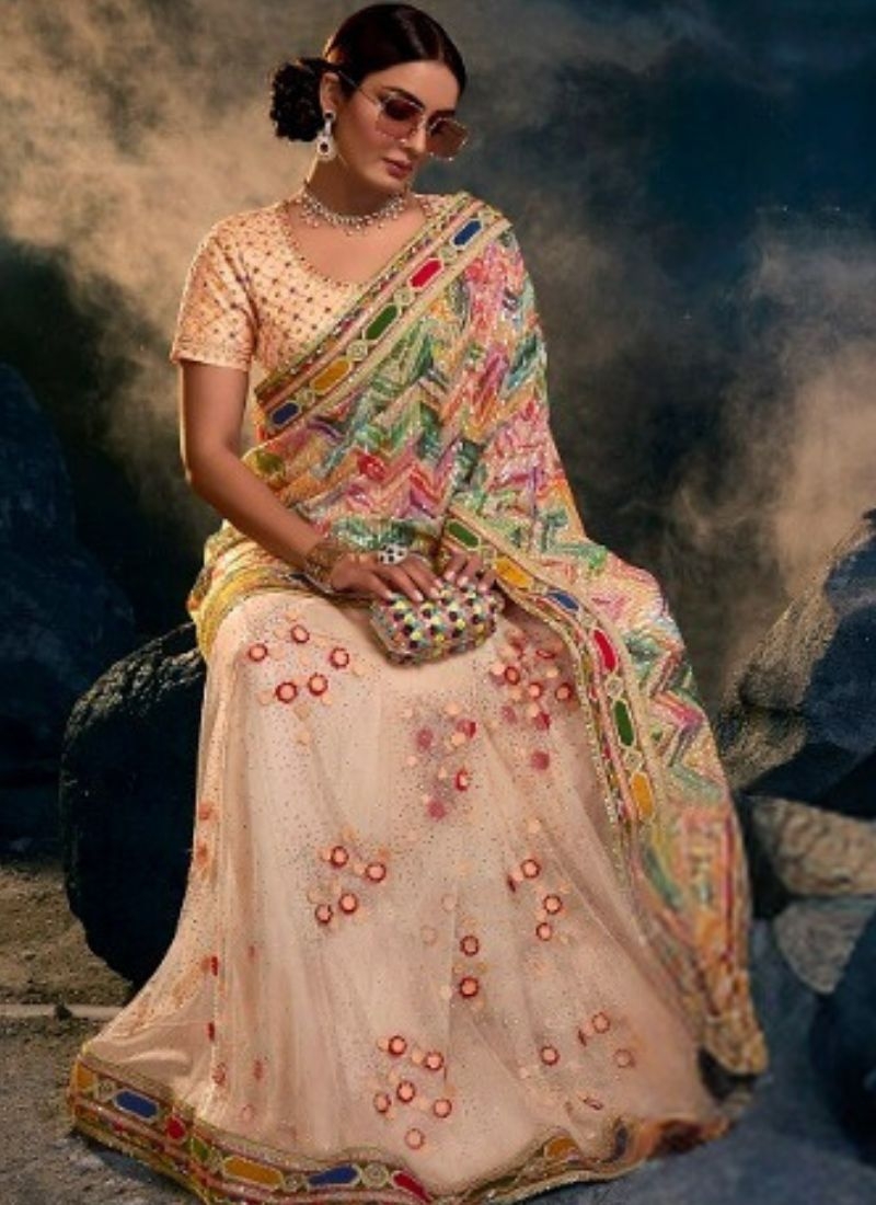 Exquisite silk saree with embroidered  silk blouse in peach