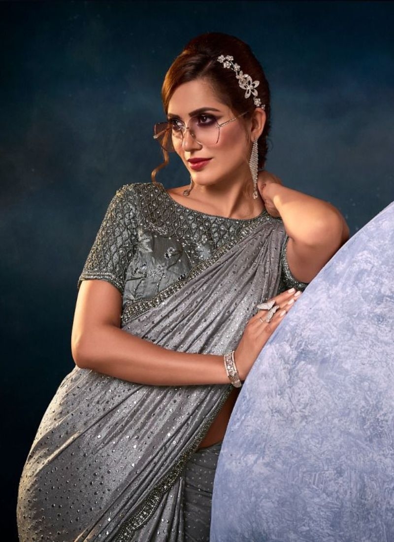 Exquisite silk saree with embroidered  silk blouse in grey
