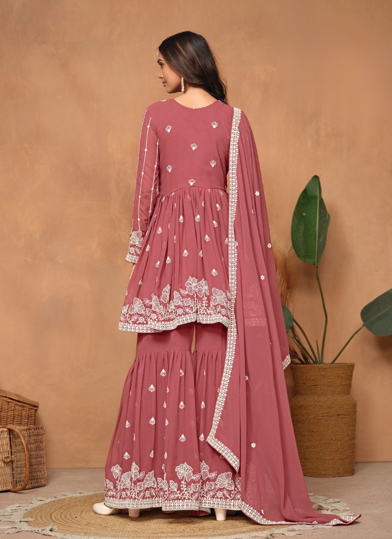 Stunning faux georgette sharara suit with embroidered dupatta in pastel pink