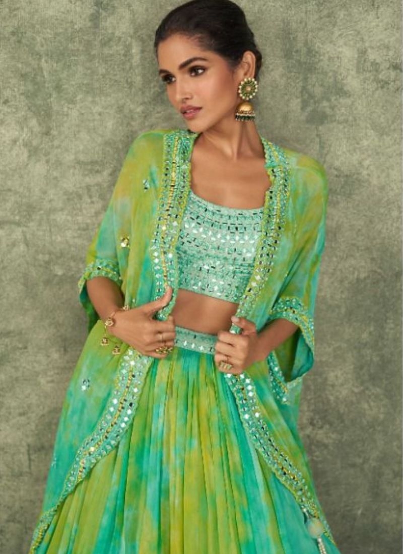 Exquisite georgette lehenga choli with designer dupatta in green