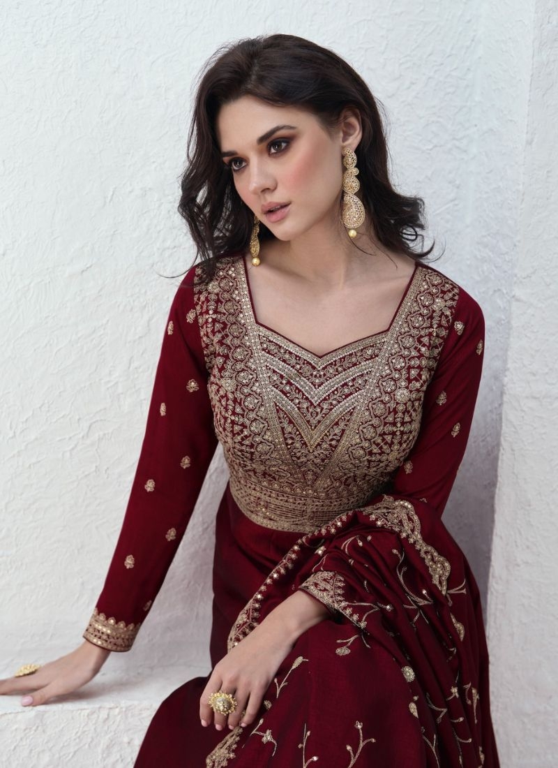 Beautiful silk anarkali suit with mirror work embroidery in maroon