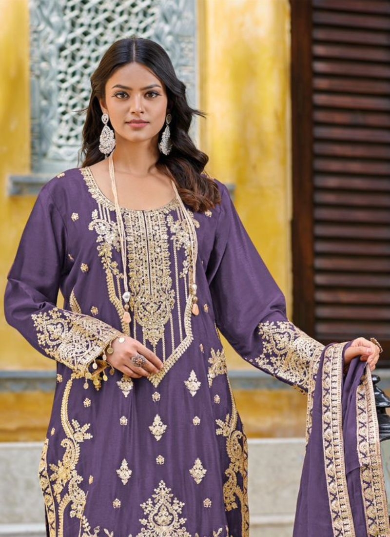 Designer chinon palazzo suit with embroidered dupatta in purple