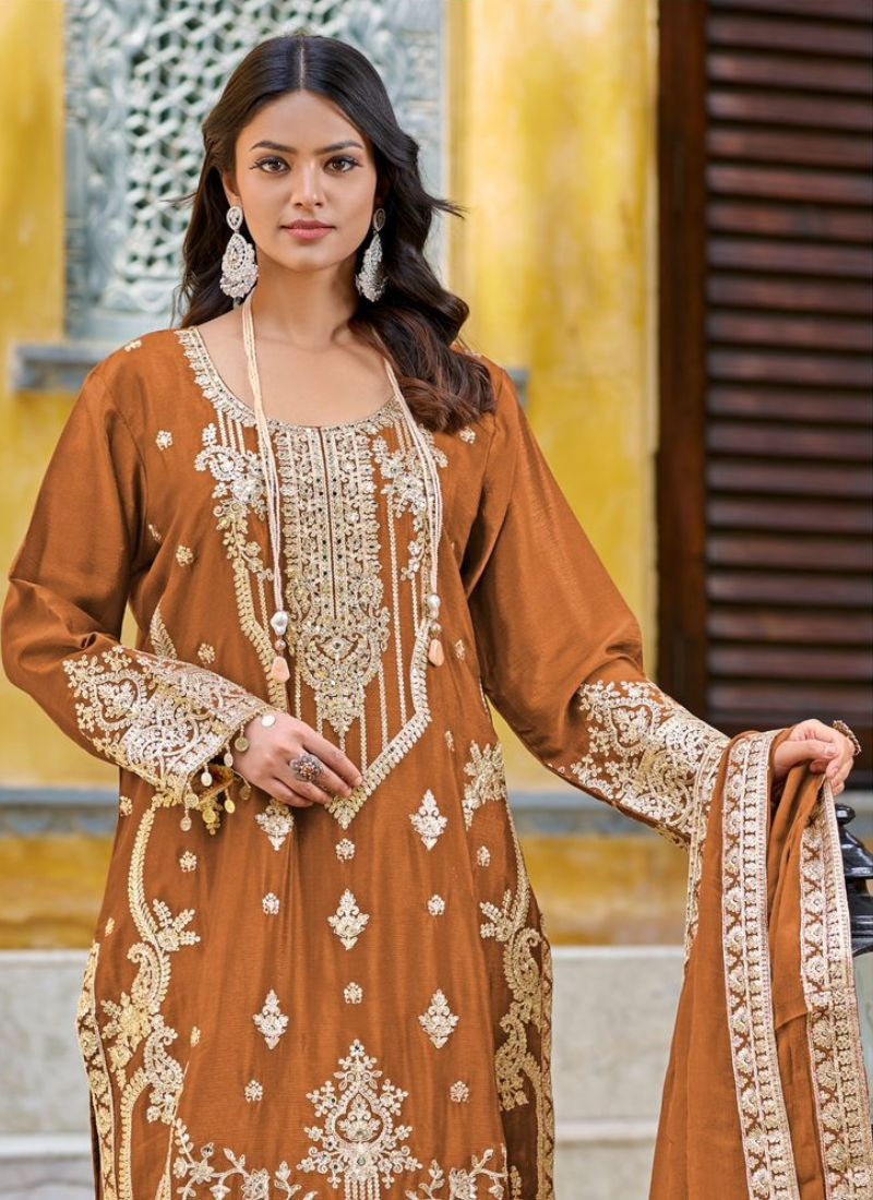 Designer chinon palazzo suit with embroidered dupatta in mustard